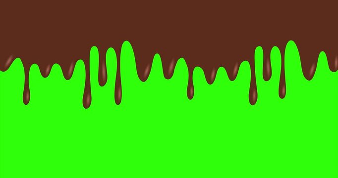 Liquid chocolate drip falls gracefully in slow-motion against a green background chroma key. Dripping chocolate across the top edge.