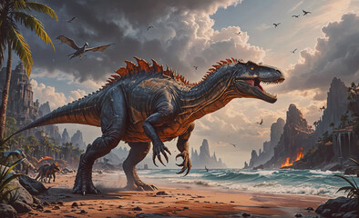 Large dinosaur is walking on a beach with a group of birds flying in the background. Scene is adventurous and exciting, as it depicts a prehistoric scene in a modern setting