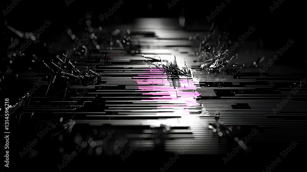 Poster dynamic abstract pink and white glitch effect on a black background with fast horizontal motion blur