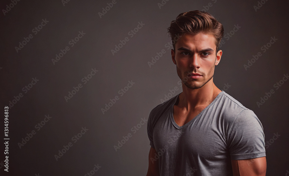Poster man with a shaved head and a grey shirt is standing in front of a grey wall. he is looking directly 