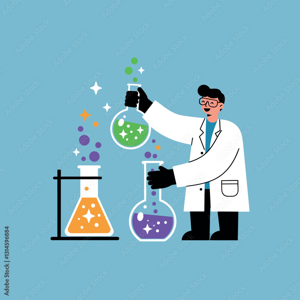 Poster scientist in a white lab coat conducting experiments with colorful potions in a flat vector illustra