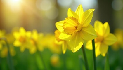 Fototapeta premium Bright yellow daffodils sway gently in the spring breeze, nature, bright yellow