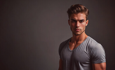 Man with a shaved head and a grey shirt is standing in front of a grey wall. He is looking directly at the camera
