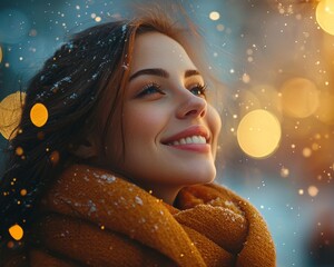 Bathed in the soft glow of a thousand tiny lights, a woman's face radiates pure joy, a testament to the simple beauty of winter nights Her eyes, sparkling like distant stars, reflect the enchanting