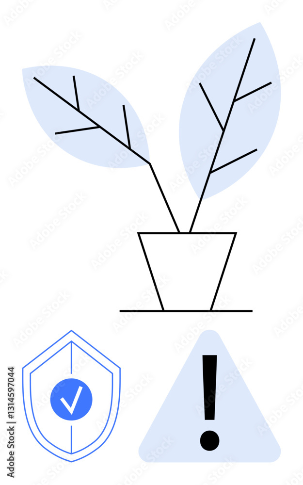 Poster potted plant with shield featuring a checkmark and exclamation mark inside a triangle. ideal for sus