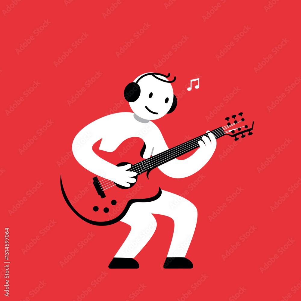 Poster a joyful character playing a red guitar in a flat, minimal style vector illustration