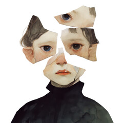 Child's portrait in surreal art investigating fragmented identity from an indoor perspective
