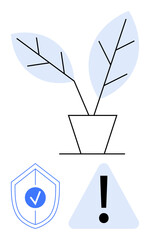 Potted plant with shield featuring a checkmark and exclamation mark inside a triangle. Ideal for sustainability, protection, growth, eco-awareness, risk management, decision-making, or strategy. Flat