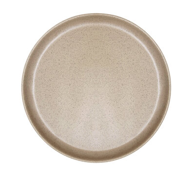 Empty beige speckled stoneware plate isolated on white background with clipping path. Top view Flat lay of ceramic dish mockup for food styling.