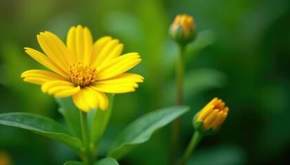 Obraz premium Bright yellow flowers with water droplets on the stem and leaves, blooming, garden, stem