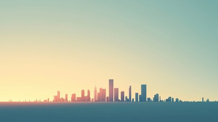 Obraz premium Urban skyline stretches under clear morning sky with skyscrapers illuminating in soft light and ample space for additional text
