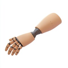 White background featuring a 3D glyph icon of a prosthetic arm.