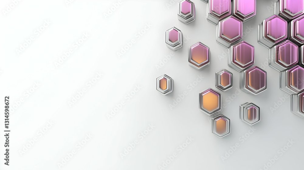 Poster 3d render of pink and orange metallic hexagons on a white background with a gradient effect