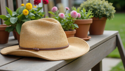 Classic woven straw gardening hat resting on a wooden surface