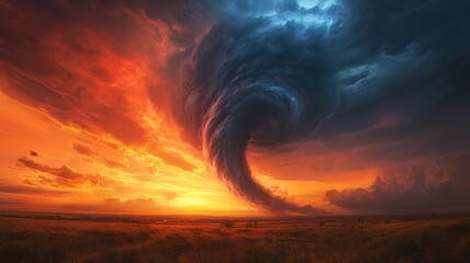 A tornado dances through a fiery sky as the sun sets, casting dramatic shadows on the landscape, with the funnel twisting form illuminated by the dying light.