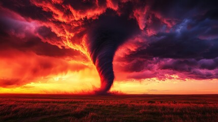 A tornado spins across a vast landscape at sunset, with its menacing beauty magnified by the dramatic colors of the sky as day turns to night.