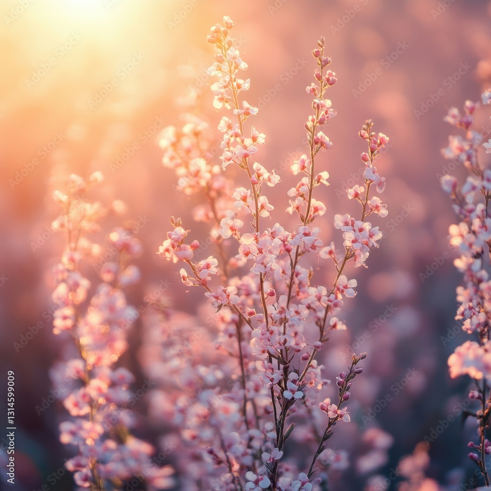 Poster delicate pink flowers blooming in soft sunlight creating a serene and dreamy atmosphere with a shall