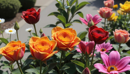 Beautiful flower beds in a well-maintained garden with bright blooms