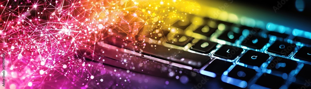 Poster colorful network data flows over keyboard; digital technology concept