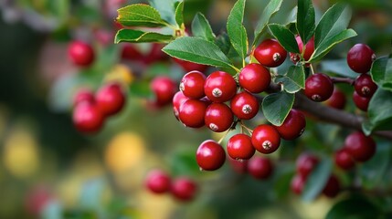 Fototapeta premium Cranberry tree laden with ripe berries, deep green leaves contrasting with bright red fruit
