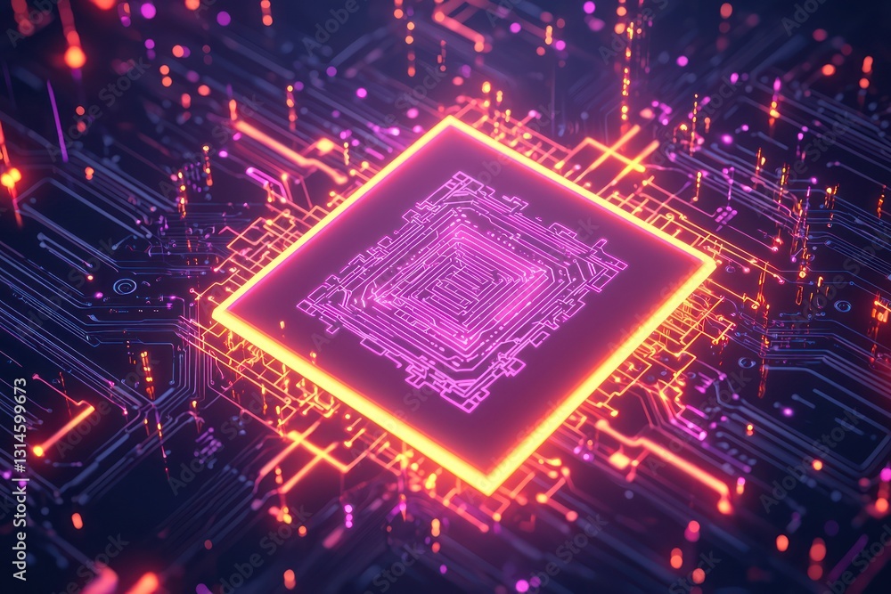Poster advanced technology, 3d glowing ai chip with circuits, dark gradient.