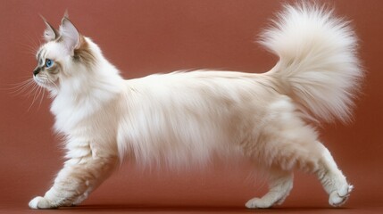 Elegant feline walking gracefully against a warm background, showcasing its luxurious fur and striking eyes