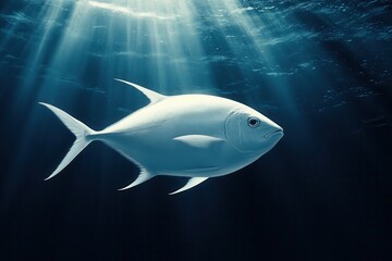 Fototapeta premium Solitary jack fish swimming gracefully through the deep blue sea illuminated by sun rays in a serene underwater scene