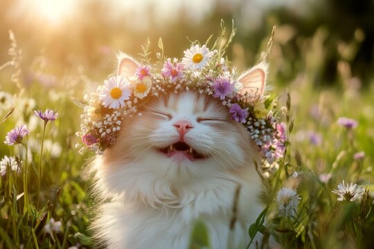 Sunny daylight. Summertime happiness. Cute baby cat ragdoll wearing feral flower circlet on its head. Sunshine and joy for pets. Carefree cat in a flower garden. Kittenâ€™s playful summer momen.