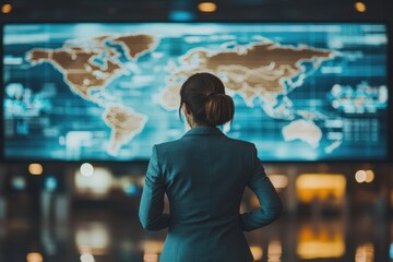 A woman in a business suit stands before a large screen displaying a dynamic world map with data overlays, suggesting global business analysis or monitoring.