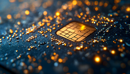 Close-up of a credit card chip with water droplets