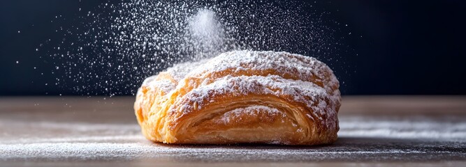 A soft dusting of powdered sugar gently settling on a warm pastry on an isolate background