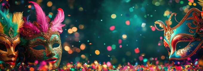 Vibrant Carnival Masks Amidst Confetti