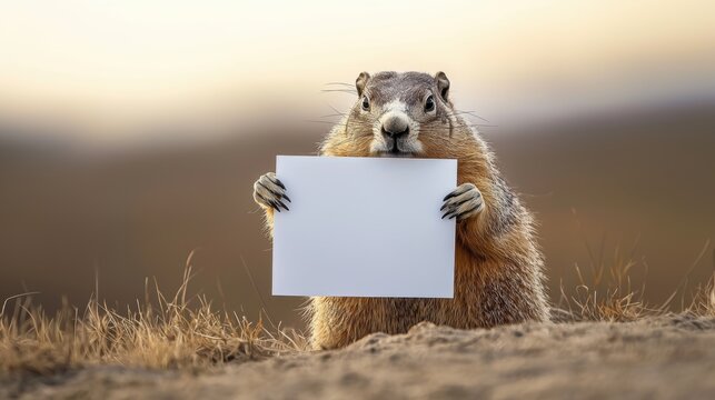 Cute groundhog holding a blank message paper in Spring field.