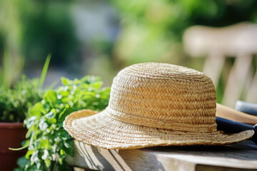 Classic straw gardening hat resting beside tools in soft sunlight