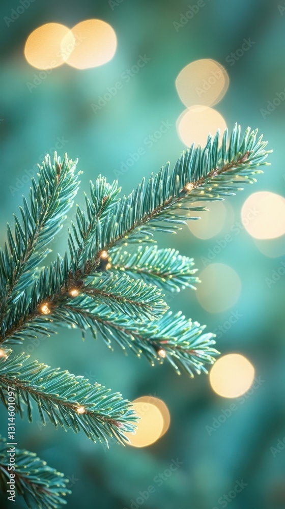 Poster festive evergreen branch adorned with delicate lights creating a serene holiday atmosphere soft boke