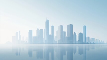 Naklejka premium Morning light illuminates a minimalistic urban landscape with distant skyscrapers under a wide clear sky