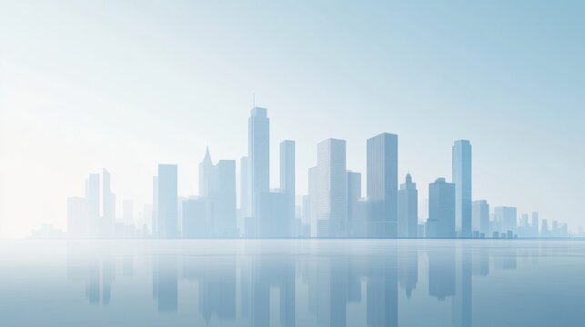Morning light illuminates a minimalistic urban landscape with distant skyscrapers under a wide clear sky