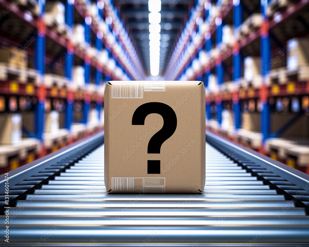 Poster Cardboard box with large question mark on conveyor belt in warehouse, symbolizing uncertainty or unknown in logistics and supply chain