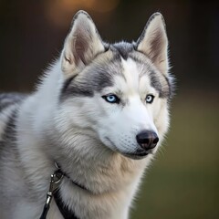 Fototapeta premium Siberian Husky with blue eyes and black collar gazes engagingly at the camera in a serene green setting. Generative AI