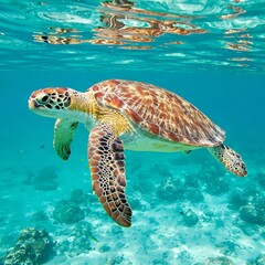 Fototapeta premium A sea turtle with intricate markings swims in clear turquoise water, surrounded by small fish. Generative AI