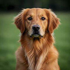 Fototapeta premium A brown dog with long fur, black nose, and markings sits in a meadow, looking alert and serious. Generative AI