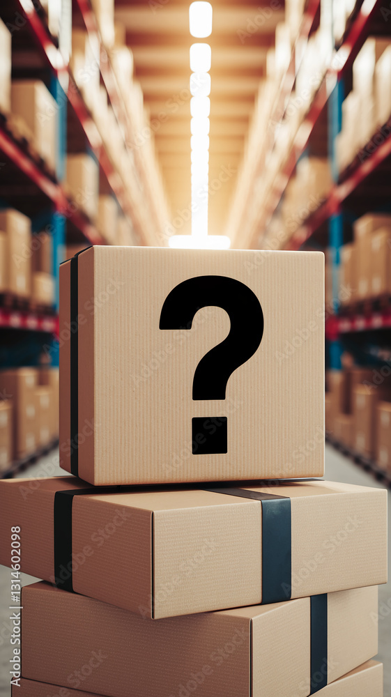 Aufkleber stack of cardboard boxes in warehouse, top box displays large question mark, symbolizing uncertainty