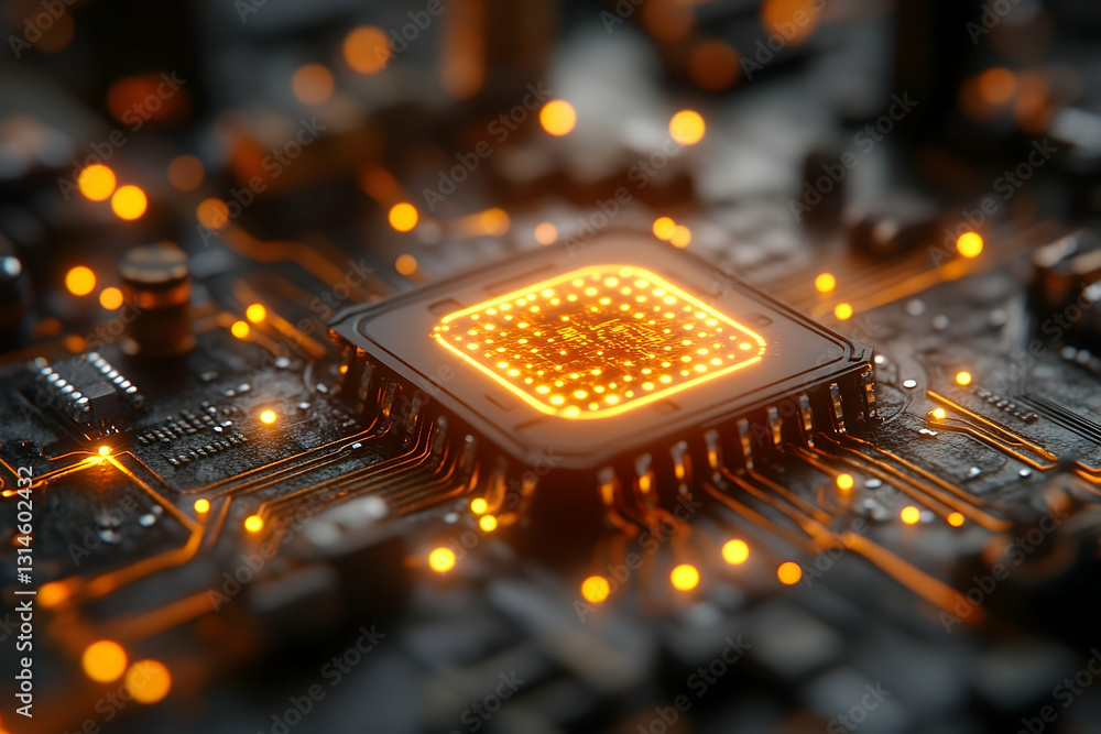 Poster close-up of a glowing computer chip on a circuit board