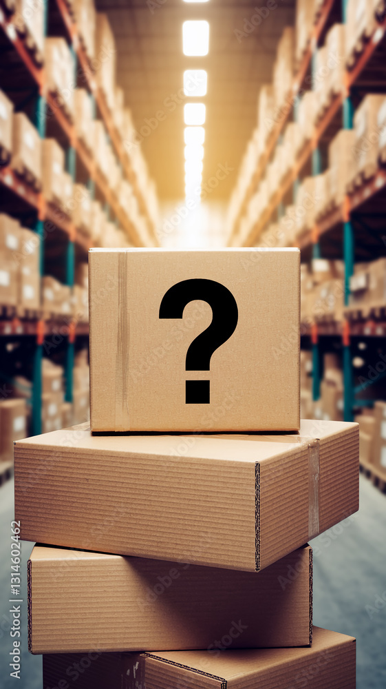 Poster Stacked cardboard boxes in warehouse, top box displays large question mark, symbolizing uncertainty or logistics queries, showcasing storage and inventory concepts
