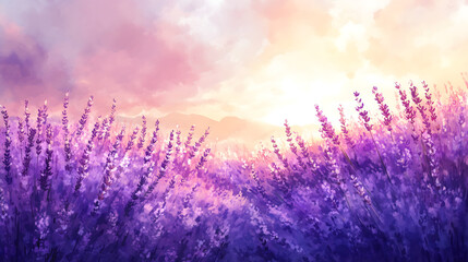 Naklejka premium ทุ่งลาเวนเดอร์สีม่วงบานสะพรั่งในฤดูร้อน, เผยความงามของธรรมชาติและกลิ่นหอมสมุนไพรในสวนดอกไม้
