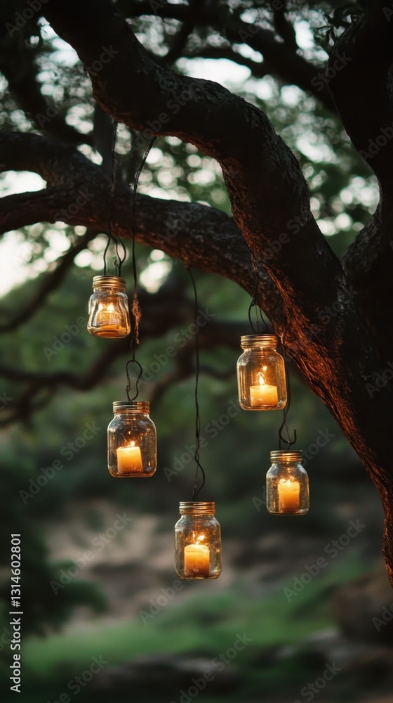 Poster enchanting candlelit jars suspended from tree branch creating warm ambient glow in serene outdoor se