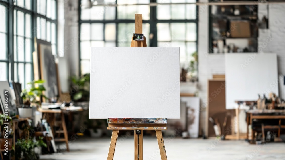 Poster a blank canvas stands on an easel in a well-lit art studio, surrounded by brushes and paints, ready 