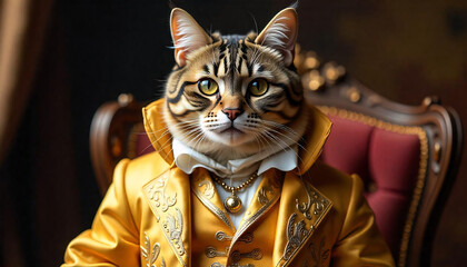 An elegant cat dressed in a golden jacket with a collar and necklace, exuding regal sophistication.