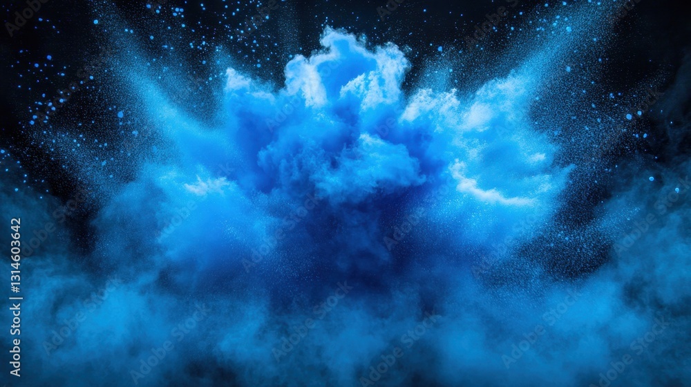 Poster captivating explosion of vibrant blue powder against a dark backdrop creating a dynamic and mesmeriz