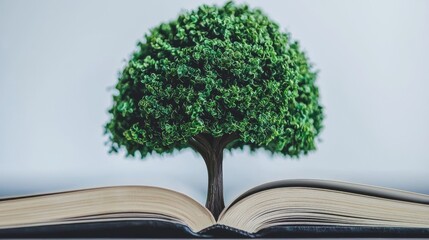 Green tree growing from open book, knowledge, nature, growth, learning, environment, sustainability